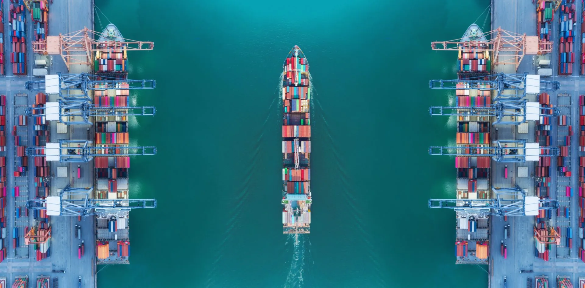 A container ship berthed between two rows of quay cranes, seen from directly above